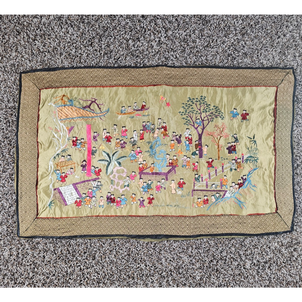 CHINESE SILK NEEDLE EMBROIDERY ART MASTERPIECE 100 CHILDREN PLAYING DRAGON PANEL